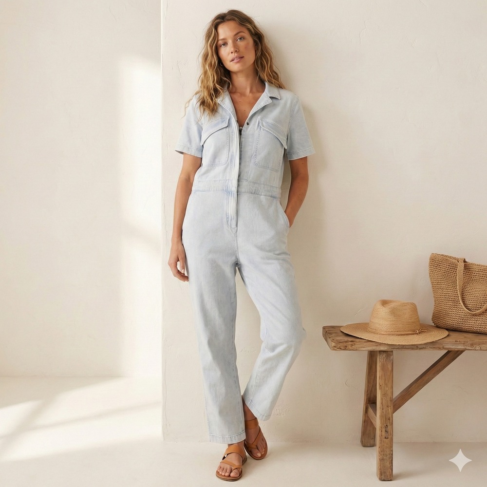 Faherty Blythe Jumpsuit, size Medium, Light Wash Stretch Denim